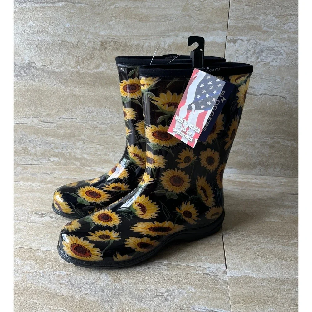 Sloggers Rain Boots Womens 11 Black NWT Sunflower Floral Waterproof Garden Mid